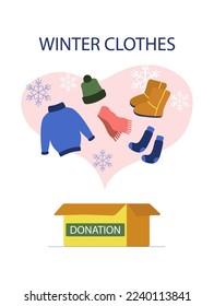 Winter clothes donation.Vector illustration in flat style