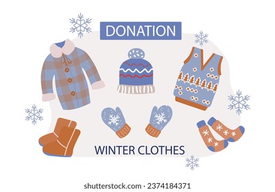 Winter clothes donation.Vector illustration in flat style