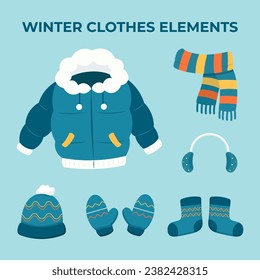 Winter clothes element set. Flat vector illustration.