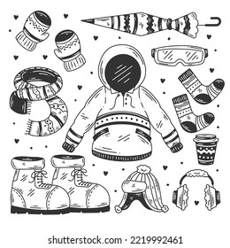 Winter clothes and essentials hand-drawn doodle coloring