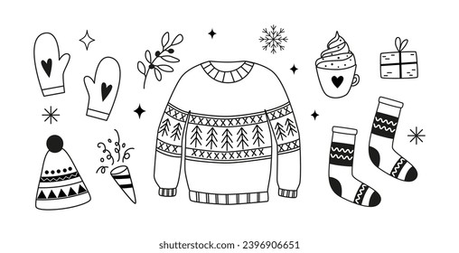 Winter clothes and essentials - linear clipart. Pullover, socks, mittens, hat. Outline doodles, icons, sketch. Christmas holidays. Coloring book.