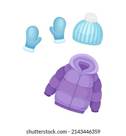 Winter Clothes For Girl Set. Warm Jacket, Mittens And Knitted Hat Cartoon Vector Illustration