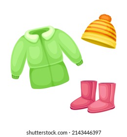 Winter clothes for girl set. Warm jacket, boots and knitted hat cartoon vector illustration