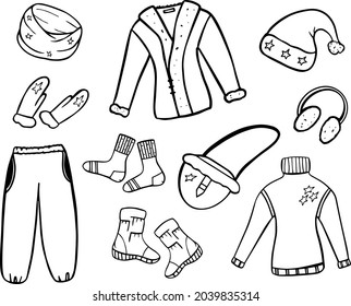 Winter clothes hand drawn set n black for creating textile designs, postcards, calendars, photo frames. 