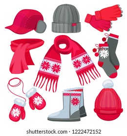 Winter clothes. Hat cap scarf mittens fur christmas fashion clothes isolated on white vector collection. Illustration of warm gloves and socks, boots and scarf