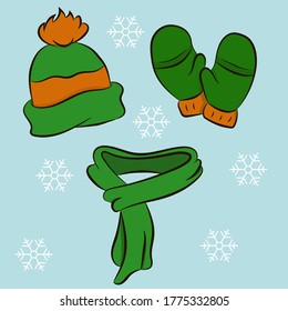 
Winter clothes. Hat, scarf and mittens