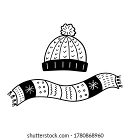 Winter clothes. Hat and scarf with snowflake and scandinavian design, headphones and christmas accessories single doodle vector set