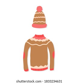 Winter clothes. Hat and sweater. Vector cartoon illustrations. Isolated object on white. Flat design.
