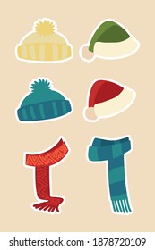 winter clothes hats scarf warm accessory fashion stickers icons vector illustration