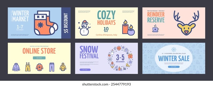 Winter Clothes Horizontal Placard Poster Banner Card Template Set with Thin Line Icons. Vector illustration of Sale, Market and Online Store