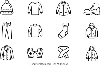 "Winter Clothes Icon Set - Line Vector Collection with Editable Stroke"