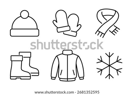 A winter clothes icon set in minimalist style with editable stroke. Warm hat, gloves, scarf, boots, jacket, snowflake, cold season clothing, cozy wear, holiday element, outdoor winter outfit.