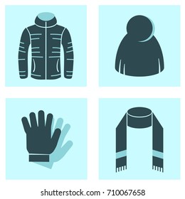 Winter clothes icons 4 pcs: jacket, hat, gloves, scarf