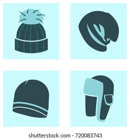 Winter Clothes Icons 4 Types Of Hats: Knitted Hat With Fur Ball, Oversize Beanie, Beanie, Trapper Hat.
