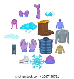 Winter clothes icons set in cartoon style. Clothes and accessories for skating set collection vector illustration