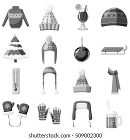 Winter clothes icons set. Gray monochrome illustration of 16 winter clothes vector icons for web