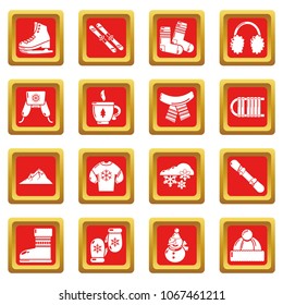 Winter clothes icons set vector red square isolated on white background 