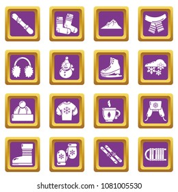 Winter clothes icons set vector purple square isolated on white background 
