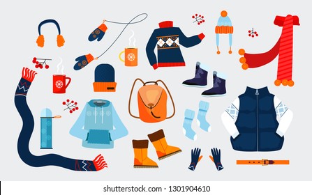 Winter clothes icons. Simple icons collection on grey background. Winter concept. Sweater, coat, hat. Illustrations can be used for topics like winter, holiday, clothes
