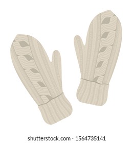 Winter clothes illustration. Pair of beige vector knitted mittens for cold weather isolated on white background. Flat picture of clothing items for hands