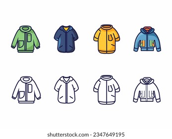 Winter clothes jackets vector icons set. Illustration. Outlined and filled icons of clothes. Fashion.