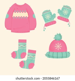 Winter clothes. Jumper, hat, mittens, gloves, socks in pink and turquoise