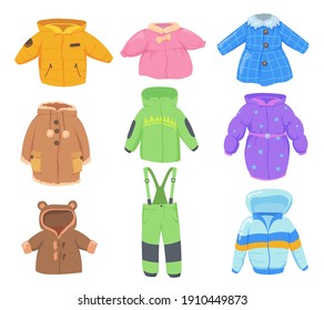 Winter Clothes For Kids Set. Colorful Warm Coats, Jackets, Pants For Children Isolated On White Background. Vector Illustration For Fashion Store, Sale, Childhood Concept
