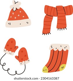 Winter clothes. Knitted hat, christmas sock, scarf and mitten. Vector illustration.