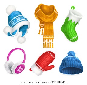 Winter clothes. Knitted hat. Christmas sock. Scarf. Mitten. Earmuffs. 3d vector icon set