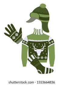 Winter clothes and knitwear. Knitted accessories with Christmas reindeer, snowflakes festive print in green. Earflap hat, sweater, gloves, sock. Fall holidays vector illustration on white background.