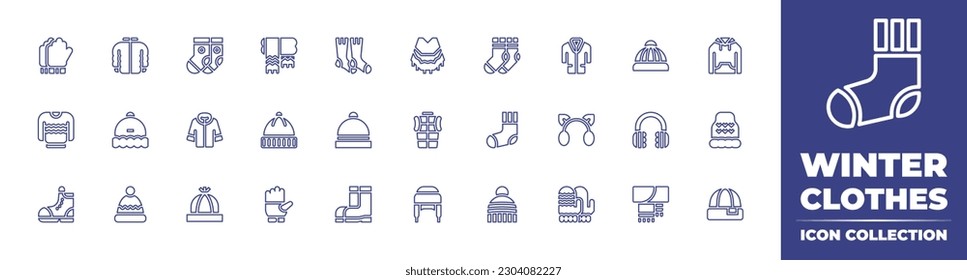 Colección de iconos de la línea de ropa de invierno. Trazo editable. Ilustración vectorial. Con guantes, chaqueta, calcetines, pañuelo, poncho, medias, chaqueta de invierno, sombrero, capucha, suéter, sombrero de invierno, lana.