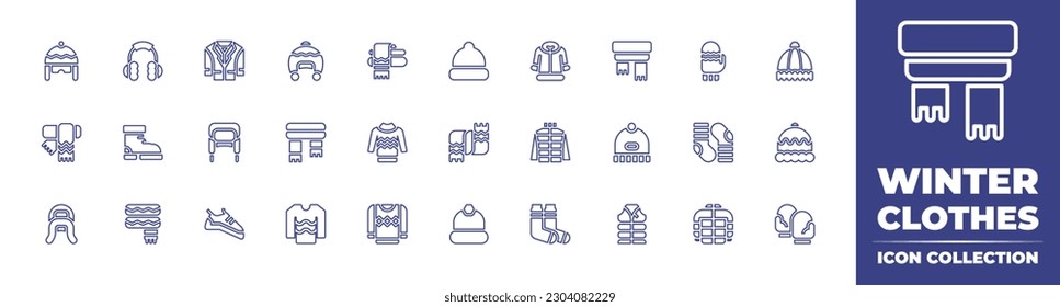 Winter clothes line icon collection. Editable stroke. Vector illustration. Containing winter hat, earmuffs, jacket, beanie, scarf, winter jacket, winter gloves, boots, jumper, sweater, socks, climbing
