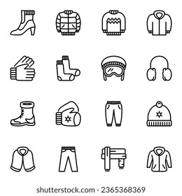 winter clothes line icons set. apparel, outline, hat, weather, lifestyles, wear, linear, garment, glove, clothes, headphones, thin, scarf, warm, shoes, headwear, clothing, footwear