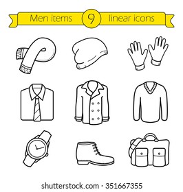 Winter clothes linear icons set. Scarf and hat, coat, sweater and boots thin line symbols.  Autumn season casual style men's clothing and fashion accessories. Vector isolated outline drawings