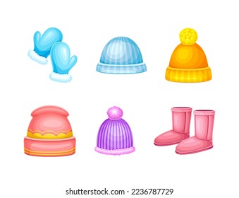Winter Clothes with Mittens, Boots and Knitted Hat as Warm Outerwear and Protection Against Cold Weather Vector Set