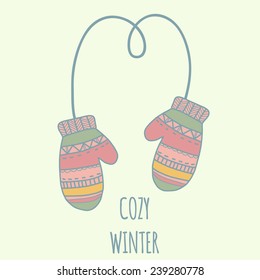Winter clothes mittens. Pastel color illustration, cozy winter