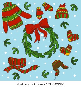 Winter clothes. Mittens, socks, miter, caps and a warm long scarf. Christmas fir wreath with red ribbon. Christmas illustration in flat style