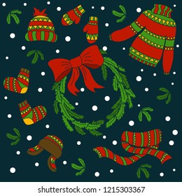 Winter clothes. Mittens, socks, miter, caps and a warm long scarf. Christmas fir wreath with red ribbon. Christmas illustration in flat style