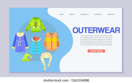 Winter clothes or outerwear web template, vector illustration. Clothing for outdoor activities web page. Sportswear and overclothes or outerwear such as winter jacket, scarf, woolen hat and coat.