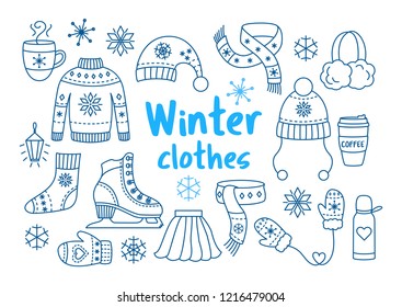 Winter clothes outline icon set. Collection of warm clothing: mitten, sweater, scarf, woman skate, socks and hats in hand drawn style. Knitted fashion outfit with snowflakes.