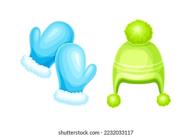 Winter Clothes with Pair of Blue Mittens and Green Hat as Warm Outerwear and Protection Against Cold Weather Vector Set