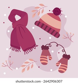 Winter clothes and pink hat. Vector illustration