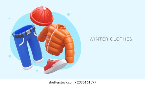 Winter clothes. Realistic puffer jacket, sneakers, hat, jeans. Accessories for complete outfit, winter collection. Time to dress warmly. Advertising poster, seasonal concept for clothing store svg