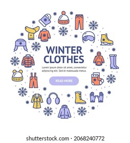 Winter Clothes Round Design Template Color Contour Lines Icon Concept . Vector illustration of Warm Apparel and Accessory