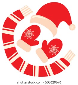 Winter clothes. Santa knitted cap. Knitted cap. Christmas mittens. Scarf. Icon. Vector illustration on white background.