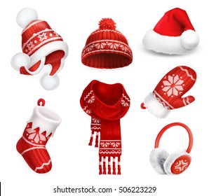 Winter clothes. Santa stocking cap. Knitted hat. Christmas sock. Scarf. Mitten. Earmuffs. 3d vector icon