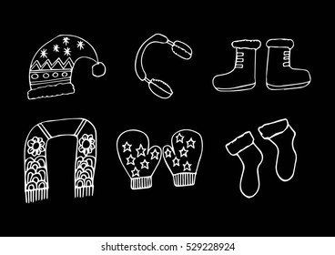 Winter clothes. Santa stocking cap. Knitted hat. Christmas sock. Scarf. Mitten. Earmuffs.
