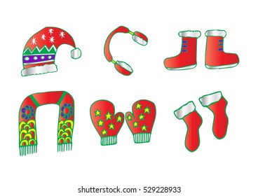 Winter clothes. Santa stocking cap. Knitted hat. Christmas sock. Scarf. Mitten. Earmuffs.
