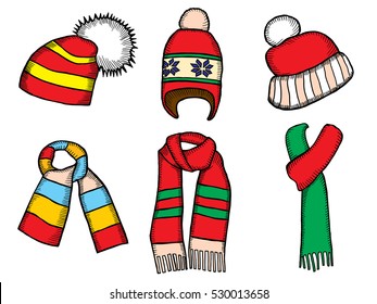 Winter clothes. Santa stocking cap. Knitted hats and Scarfs.