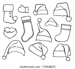 Winter clothes. Santa stocking cap. Knitted hats and Scarfs. Monochrome vector illustration